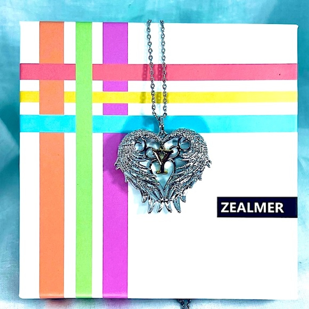 Silver Angel Wings Open Caged Heart Personal Initial Golden Y Statement Necklace